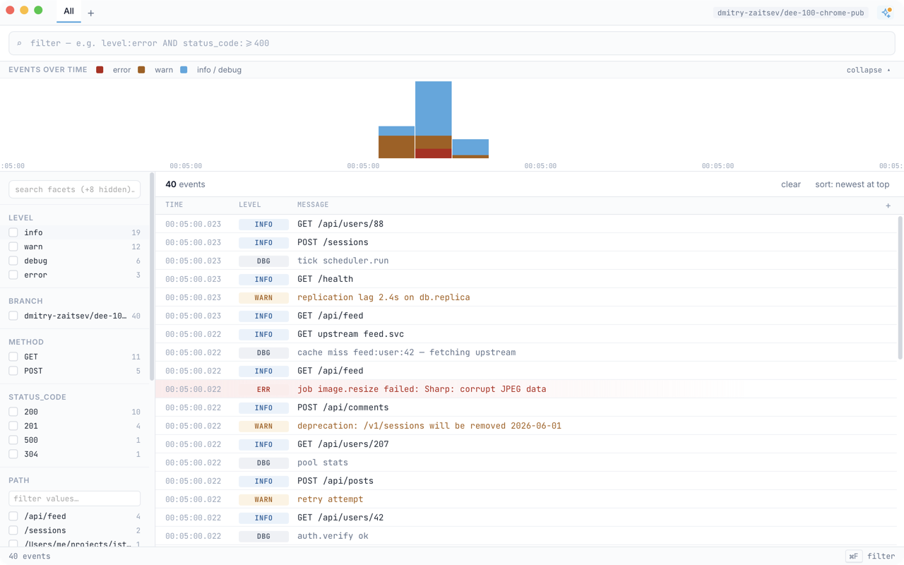istoria — filter bar, histogram, and event stream